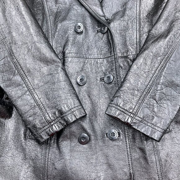 Maxima Wilsons Coat Women Lg Black Leather Double Breast Shiny Crinkle Long VTG - Picture 2 of 13